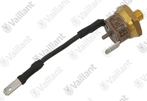Vaillant Sicherheitstemperaturbegrenzer mit metallischem Gehäuse, Anschlussleitungen und zwei Anschlussklemmen.